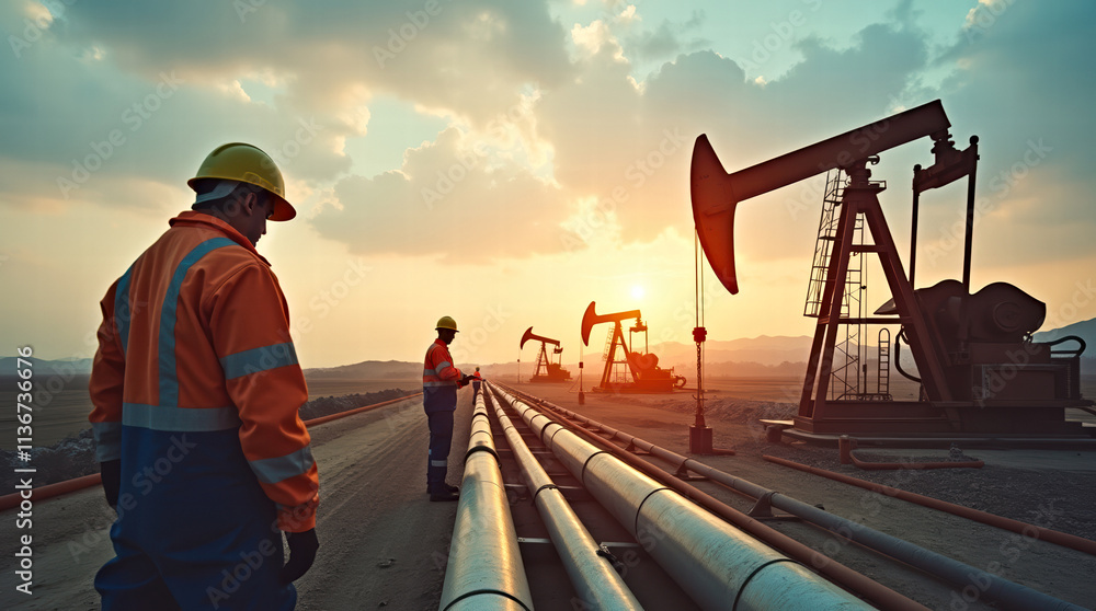 Fototapeta premium Oil Field Workers with Pumpjacks and Pipelines in Sunset Glow Desert Background