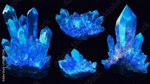 Crystal clusters with blue glowing light aura, quartz or crystalline mineral. Unfaceted rough glowing rocks stalagmites, isolated jewelry precious or semiprecious gem stones, Realistic 3d vector set photo