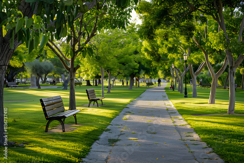 Tranquil Modern Recreational Park with Greenery, Benches, and Shaded Pathways for Community Relaxation and Leisure Activities