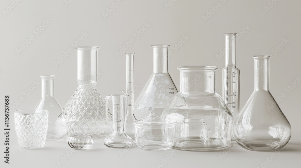 Realistic set of laboratory glassware isolated on transparent background. Vector illustration of lab beaker, flask, tube, graduated container with pipette for scientific experiment, chemical substance Realistic set of laboratory glassware isolated on transparent background. Vector illustration of lab beaker, flask, tube, graduated container with pipette for scientific experiment, chemical substance