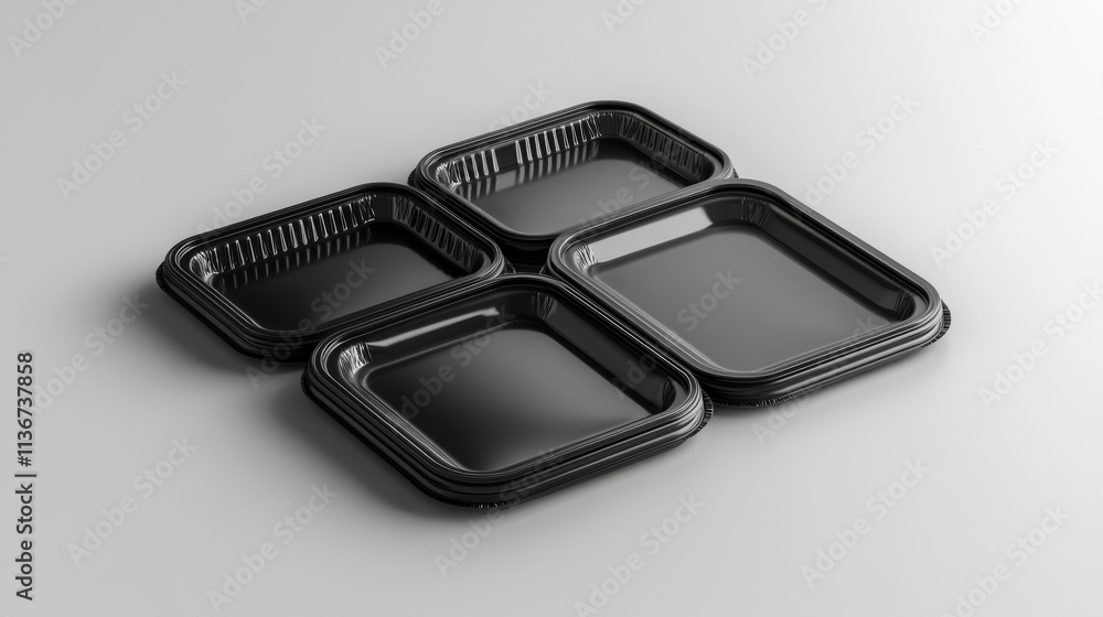 Black plastic trays for food, empty styrofoam containers with transparent film wrapper. Vector realistic mockup of 3d polystyrene package for lunch, meal and fresh products Black plastic trays for food, empty styrofoam containers with transparent film wrapper. Vector realistic mockup of 3d polystyrene package for lunch, meal and fresh products