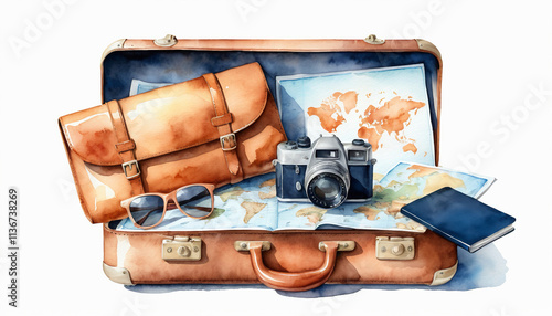 Open suitcase displays maps, a vintage camera, sunglasses, and a model airplane, evoking a sense of wanderlust and anticipation for an exciting journey.