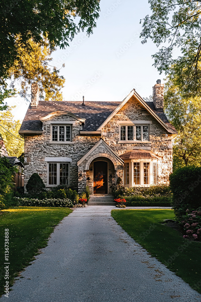 A stone house with an elegant front yard, showcasing traditional architecture and charm. The scene is captured in the golden hour light of late afternoon, highlighting the natural beauty of nature. A stone house with an elegant front yard, showcasing traditional architecture and charm. The scene is captured in the golden hour light of late afternoon, highlighting the natural beauty of nature.