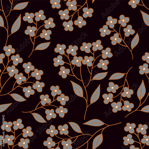 Seamless floral pattern, liberty ditsy print of mini pretty bouquets. Cute botanical design: small hand drawn flowers, tiny leaves in an abstract composition on a light background
