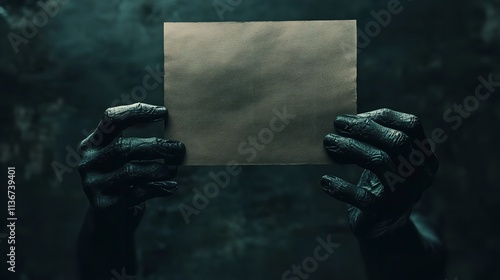 Scary black hands hold a blank sheet of paper, created with Generative AI technology photo