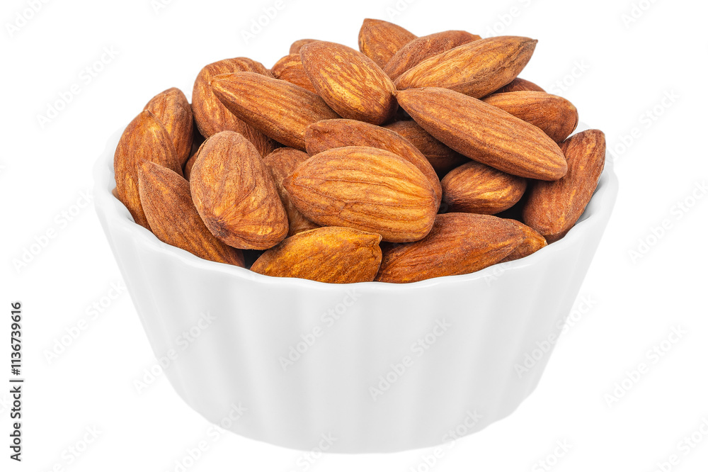 Almonds nuts in a white ceramic bowl isolated on white background Almonds nuts in a white ceramic bowl isolated on white background