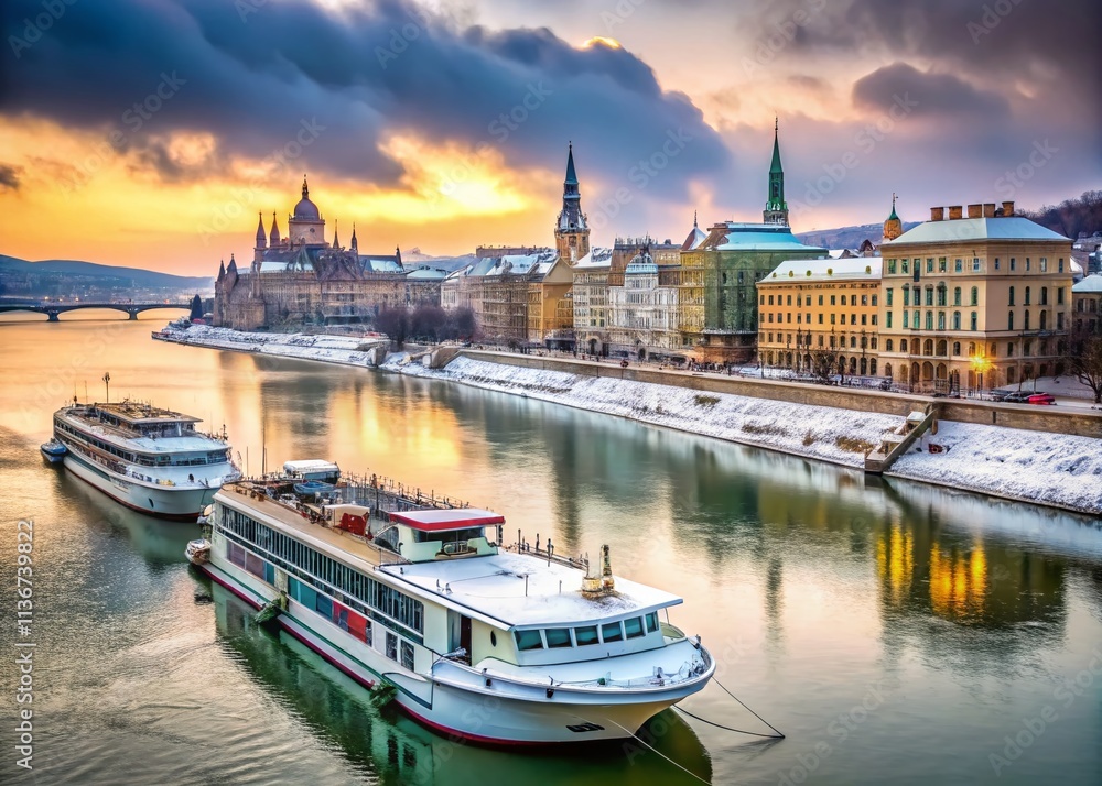 Obraz premium Winter Scene of the Danube River in Budapest with Cruise Boats Highlighting the Environmental Impact Amidst the Historical Architecture of Hungary's Capital on a Cold Day