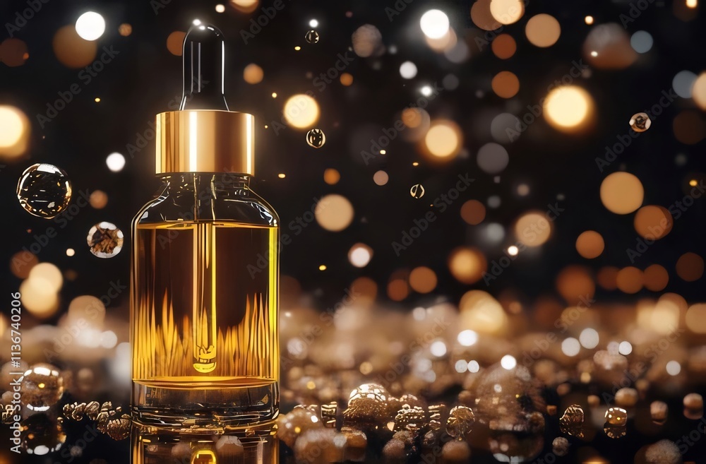 Golden serum dropper with shiny background. Golden serum dropper with shiny background.