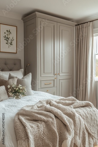 Wallpaper Mural Calm bedroom with built-in wardrobe, textured throw, and neutral decor. Torontodigital.ca