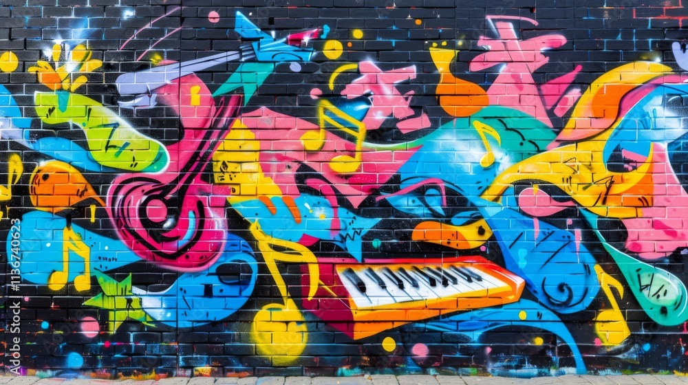 Obraz premium Bright urban graffiti mural with colorful music notes, instruments, and abstract patterns on a wall