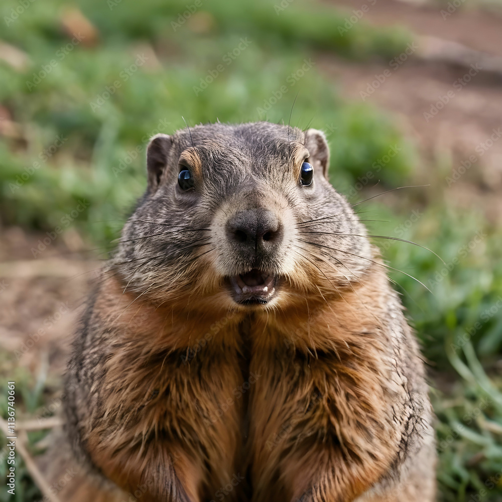 Naklejka premium Closeup of a curious groundhog coming to look at the camera lens