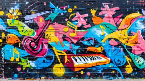 Bright urban graffiti mural with colorful music notes, instruments, and abstract patterns on a wall