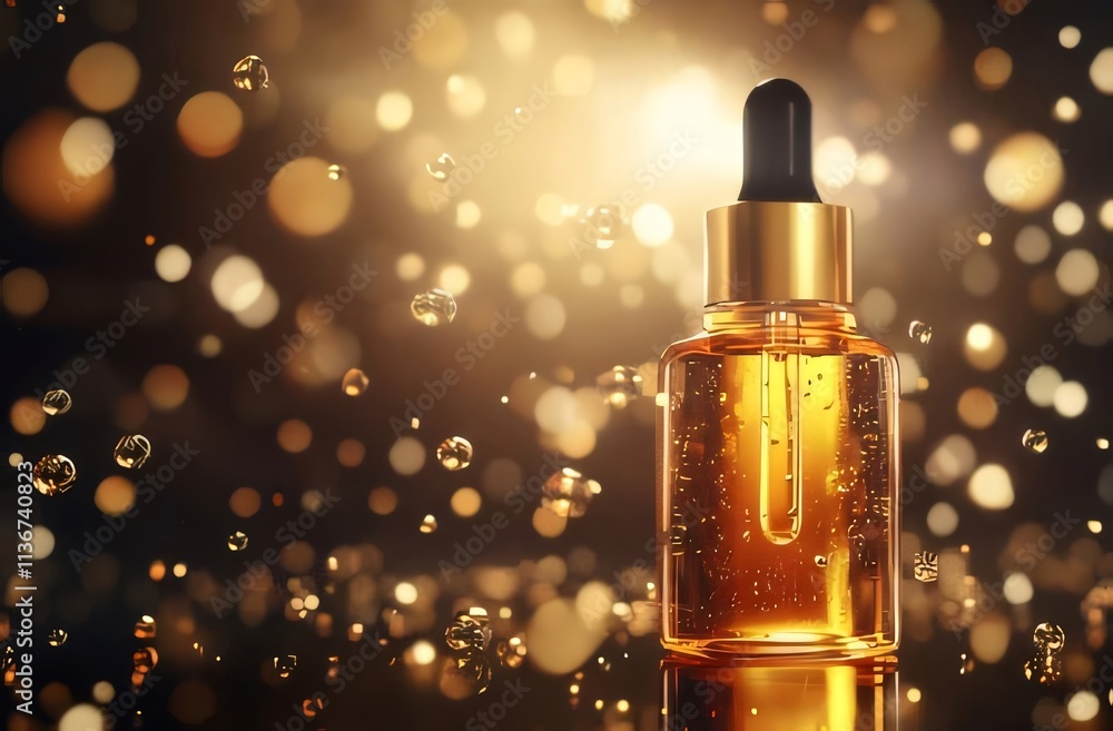 Gold serum bottle with bokeh and droplets. Gold serum bottle with bokeh and droplets.