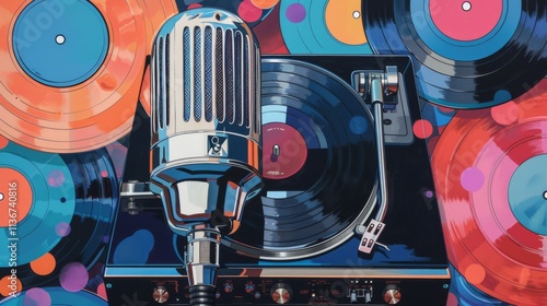 Vintage microphone and turntable with colorful vinyl records in a vibrant abstract music scene photo