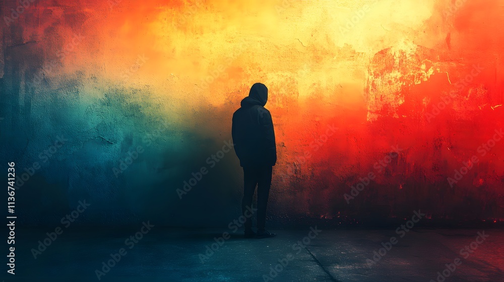 Solitary Figure in Shadow Against Vibrant Gradient Wall Evoking Emotion and Reflection in an Urban Art Setting