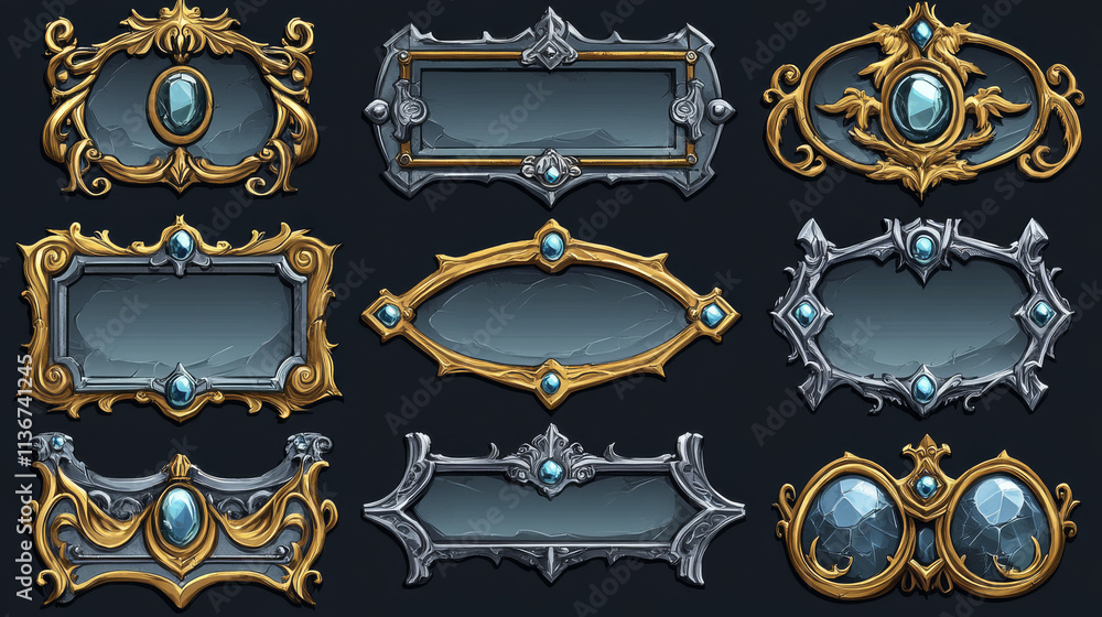 Empty circle silver and gold frames in medieval style for game ui design. Vector cartoon set of user interface elements with metal border with gems isolated on background Empty circle silver and gold frames in medieval style for game ui design. Vector cartoon set of user interface elements with metal border with gems isolated on background