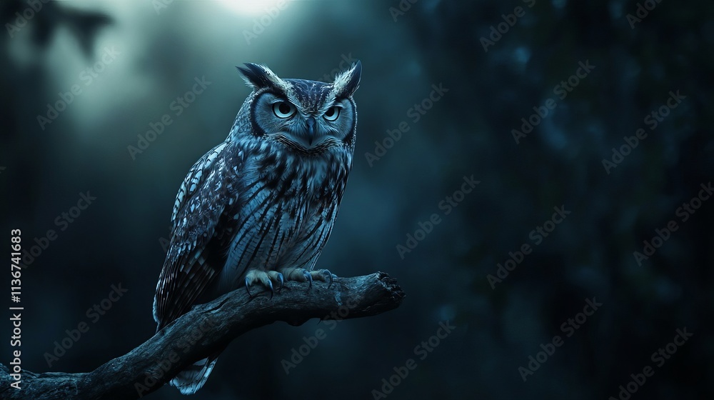 A striking owl perched on a branch, its piercing eyes illuminated in a mystical blue twilight. A majestic nocturnal scene. A striking owl perched on a branch, its piercing eyes illuminated in a mystical blue twilight. A majestic nocturnal scene.