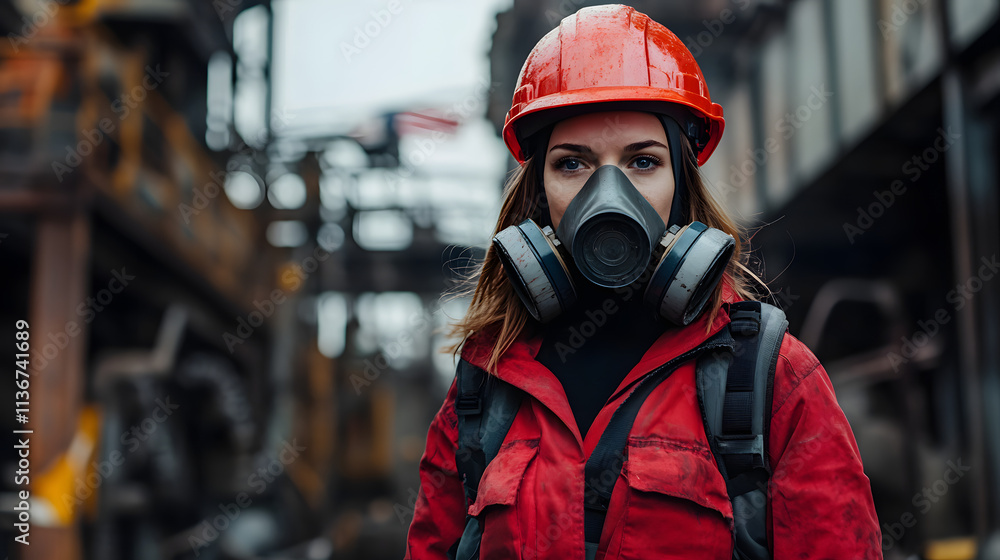 A woman adorned in a vibrant red helmet and protective gas mask stands confidently in a hazardous work environment. Her sturdy attire hints at the dangerous nature of her surroundings. A woman adorned in a vibrant red helmet and protective gas mask stands confidently in a hazardous work environment. Her sturdy attire hints at the dangerous nature of her surroundings.