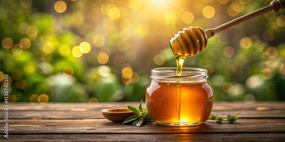 Wooden Honey Spoon Dripping Honey into a Jar with Copy Space Perfect for Food and Kitchen Photography, Ideal for Recipes and Natural Sweeteners Imagery Wooden Honey Spoon Dripping Honey into a Jar with Copy Space Perfect for Food and Kitchen Photography, Ideal for Recipes and Natural Sweeteners Imagery