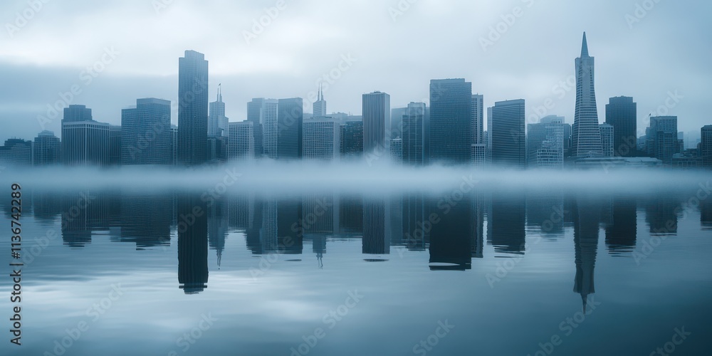 Obraz premium Foggy City Skyline with Reflection