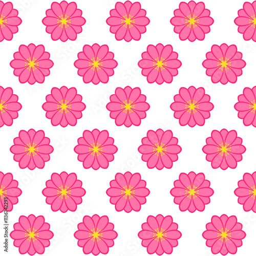 Repetitive minimalist pink flowers on white background