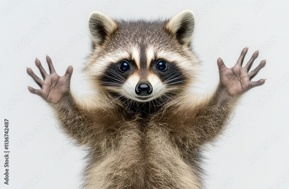 Fototapeta premium An endearing and humorous raccoon, photographed closely with a white background