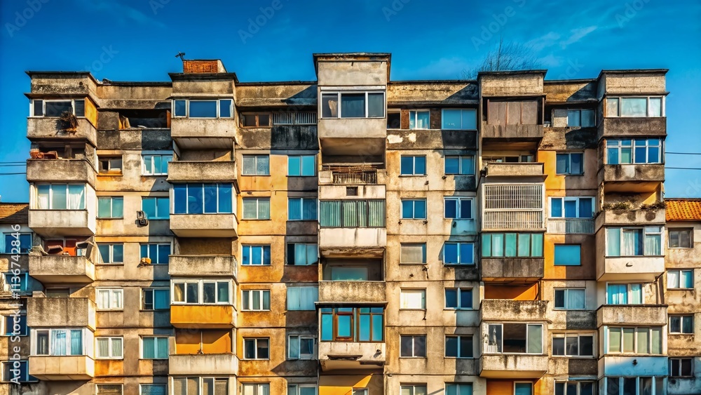 Worn Out Communist Era Apartment Building Under a Clear Blue Sky in Bucharest, Romania – A Minimalist Perspective on Urban Decay and Architectural History Worn Out Communist Era Apartment Building Under a Clear Blue Sky in Bucharest, Romania – A Minimalist Perspective on Urban Decay and Architectural History