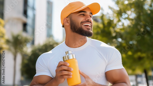 A fitness enthusiast muscular man  smiles while holding a whey protein shaker or a water bottle, while running and outdoor exercise, showcasing a healthy fitness lifestyle.