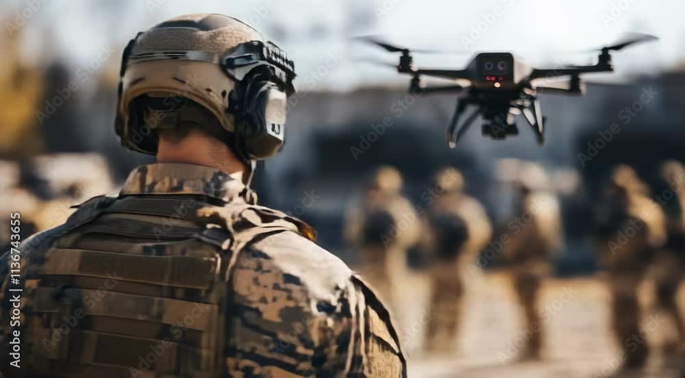 Soldier operating a tactical drone during a military exercise, showcasing advanced technology, surveillance, and defense concepts, perfect for security, military, and tech-related projects Soldier operating a tactical drone during a military exercise, showcasing advanced technology, surveillance, and defense concepts, perfect for security, military, and tech-related projects