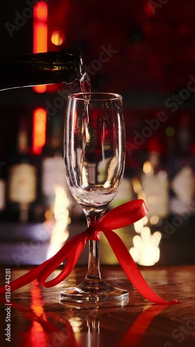Pouring champagne into a glass. Champagne glass. Glass with a red bow on the stem. Against the background of lights and candles. New Year and Christmas