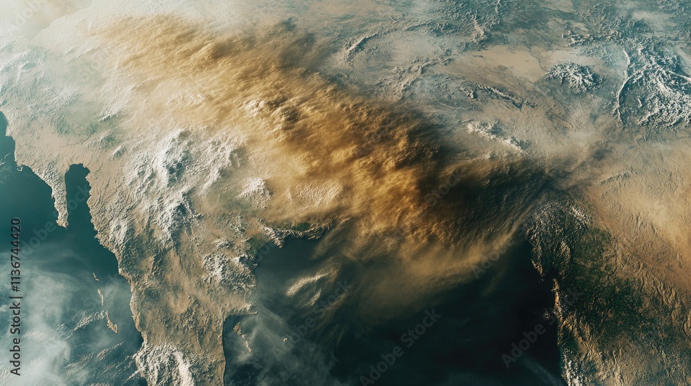 Obraz premium satellite view of the United States, showing air quality in yellow and red colors over California. 