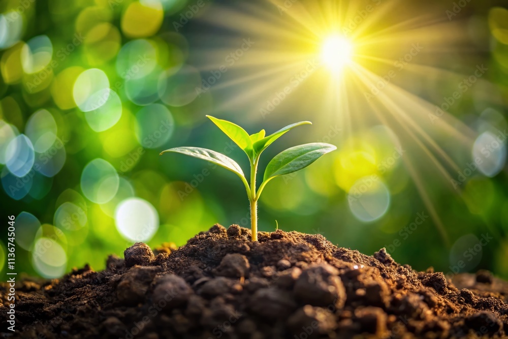 Young Plant Growing in Morning Light with Soft Green Bokeh Background, Capturing the Beauty of Nature's Renewal and the Promise of New Beginnings