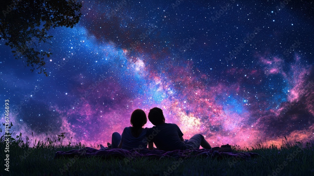 A couple lying on a blanket under the stars, gazing at the Milky Way A couple lying on a blanket under the stars, gazing at the Milky Way