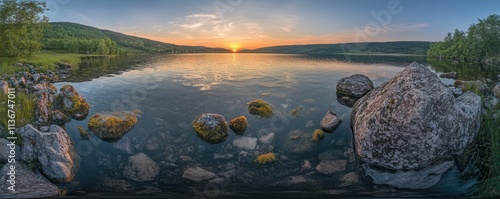 A stunning aerial view of Lake Inari, showcasing its islands and lush green forest at sunset in Lapland