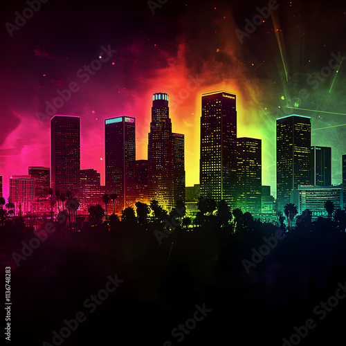 
silhouette of Los Angeles skyline in neon magenta green blue yellow fast paced lights

