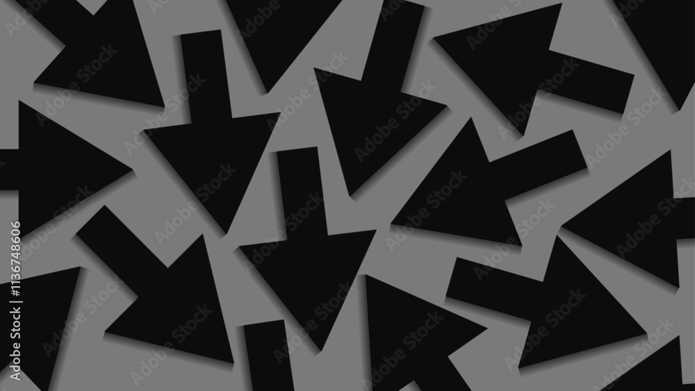 Arrows background. Black and white arrows. Black arrows with shadows on grey. Arrows background. Black and white arrows. Black arrows with shadows on grey.