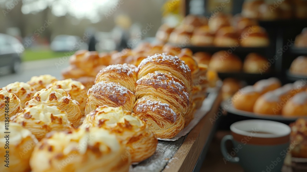 Suburban Street Food Scenes A farmer's market stall offering freshly baked pastries and coffee on a quiet suburban street One main object high quality very detailed Professional image Suburban Street Food Scenes A farmer's market stall offering freshly baked pastries and coffee on a quiet suburban street One main object high quality very detailed Professional image