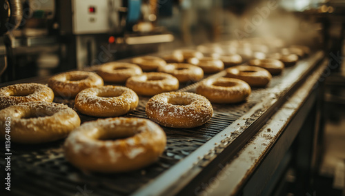 An image of an industrial bread production line with freshly baked bagels along the conveyor belt photo