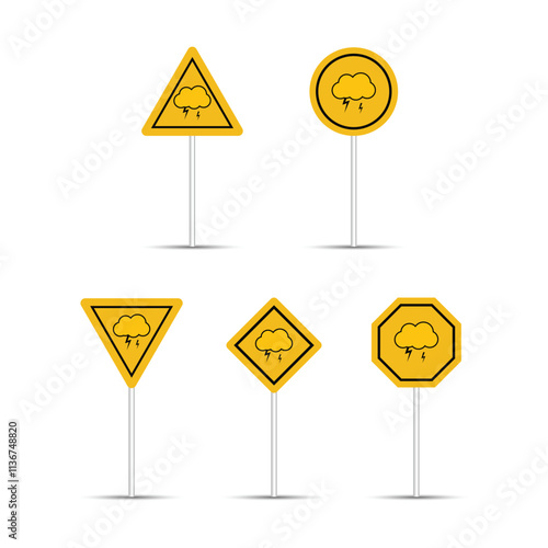 Highway yellow color Thunderstorm warning road sign with a pole on a white background. Thunderstorm icon with a yellow multiple shape billboard. Stop traffic sign with a silver color pole.