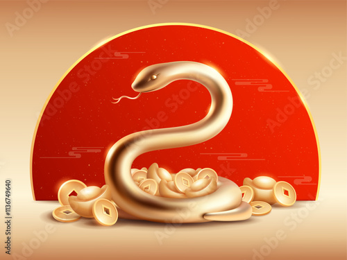 Golden snake on Chinese New Year festival celebration background. Year of Snake.