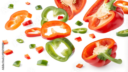 Falling sweet pepper slices, paprika, isolated on white background, clipping path, full depth of field