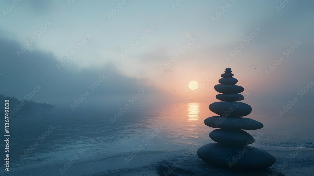 Obraz premium Serene stones stacked by tranquil waters at sunset