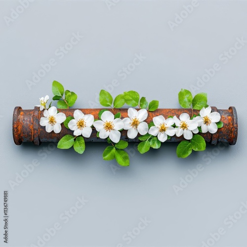 A rustic tube adorned with delicate white flowers and green leaves.