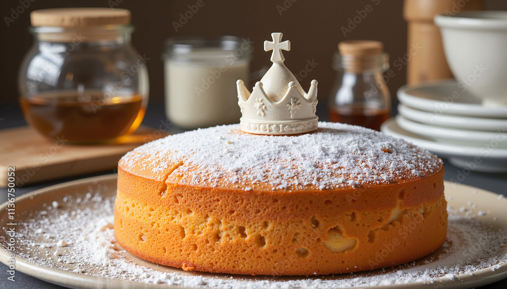 Homemade cake topped with powdered sugar and decorative crown on elegant plate in cozy kitchen setting
Homemade cake topped with powdered sugar and decorative crown on elegant plate in cozy kitchen setting