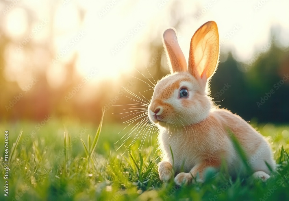 A charming small bunny with upright ears stands in the grass, gazing away A charming small bunny with upright ears stands in the grass, gazing away