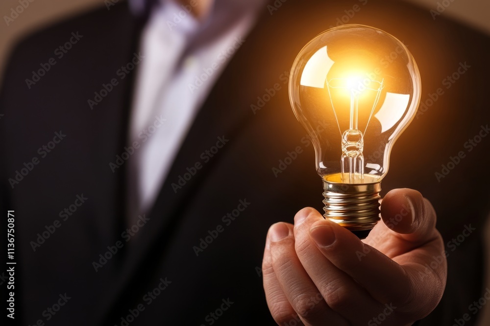 Businessman wearing a black suit holding a light bulb in one hand, idea concept. Formal wear Man holds a glowing lightbulb. Innovation, creativity and professionalism in a dark setting. Businessman wearing a black suit holding a light bulb in one hand, idea concept. Formal wear Man holds a glowing lightbulb. Innovation, creativity and professionalism in a dark setting.