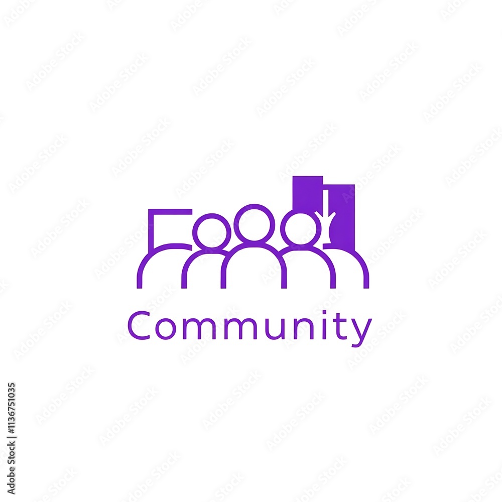 Purple Community Icon: A minimalist illustration of a community, symbolized by five interconnected figures, standing together with a building icon, conveying unity and togetherness. Purple Community Icon: A minimalist illustration of a community, symbolized by five interconnected figures, standing together with a building icon, conveying unity and togetherness.