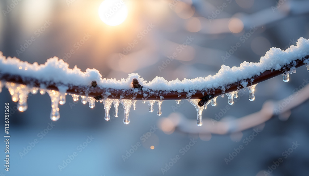 Obraz premium Close-up of snow-covered branch with melting icicles in warm sunlight 