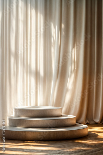 Espace d'exposition blanc avec des marches rondes et un rideau