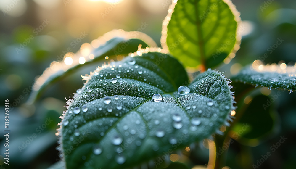 Close-up of frost-covered leaves with dew drops illuminated by sunlight Close-up of frost-covered leaves with dew drops illuminated by sunlight
